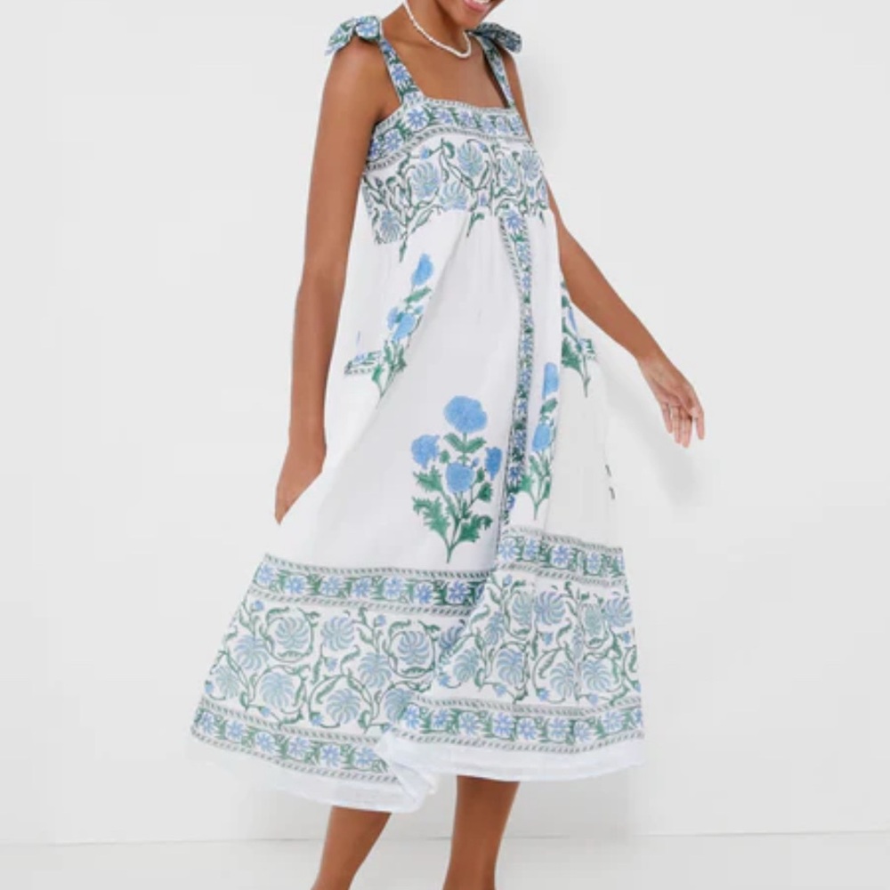 Juliet Dunn Blue and White Tiered Midi Sundress